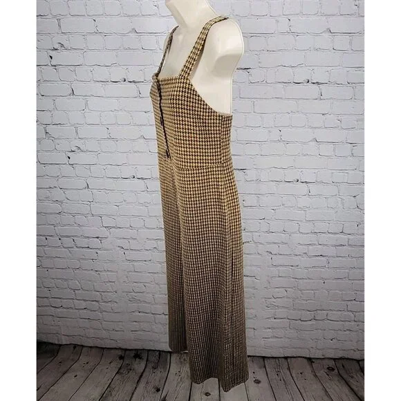 Zara Trafaluc Brown Yellow Houndstooth Square Neck Wide Leg Cropped Jumper Small - Picture 10 of 11